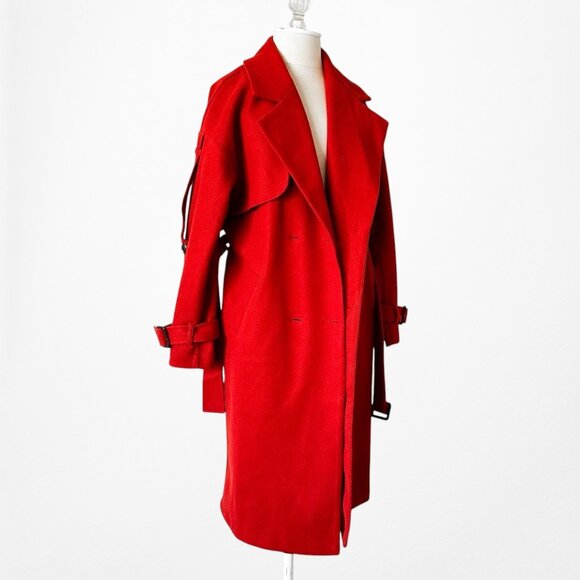 Red Oversized Belted Trench Coat Peacoat Style Long Jacket Size XS/S/M - Picture 6 of 10